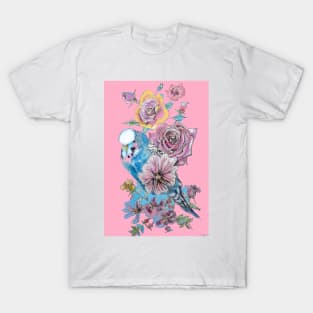 Blue Budgie and Rose Watercolor Painting on Pink T-Shirt